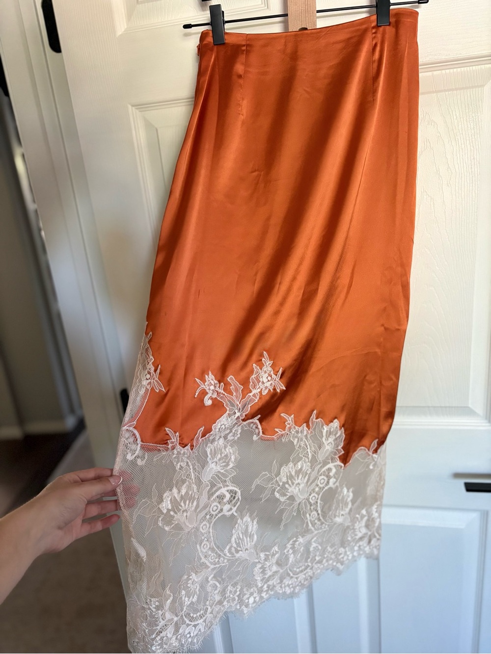 Topshop Burnt Orange Satin Slip with Ivory Lace Hem